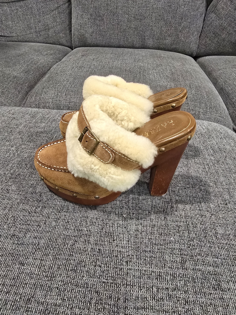 Lauren Ralph Lauren Tan Suede Platform Mules with Cream Shearling